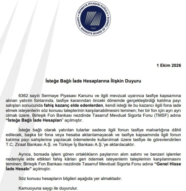 SPK: Fahiş kazançlardan iade için özel hesaplar açıldı