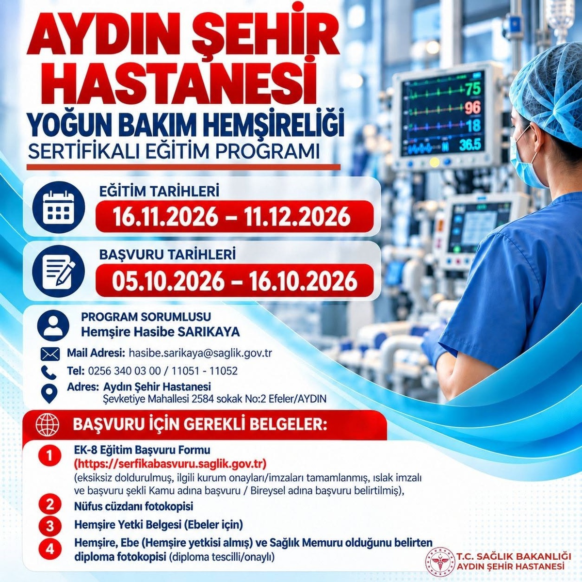 Aydın Şehir Hastanesi yoğun bakım hemşireliği eğitimi için başvuru 5 Ekim'de başlıyor