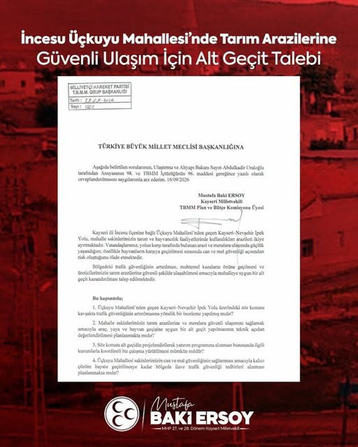 MHP'li Ersoy, İncesu'da tarım arazileri ve meralara güvenli ulaşımı TBMM'ye taşıdı