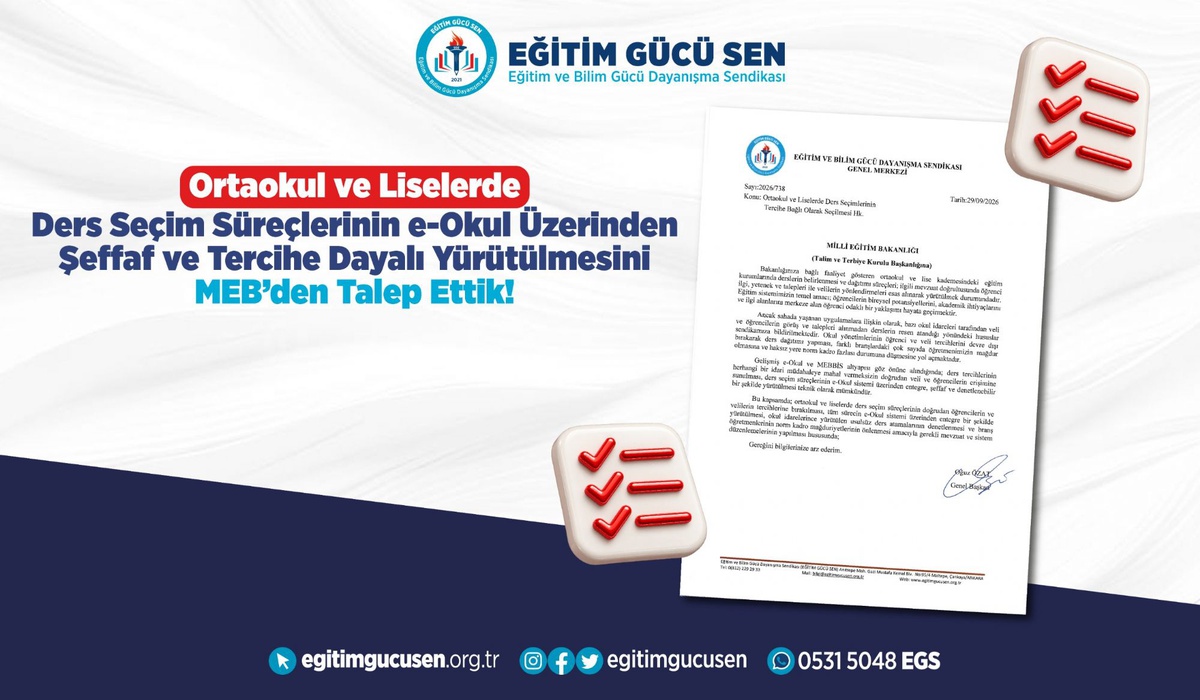 Eğitim Gücü Sen, e-Okul ders seçimi ve norm kadro için MEB'e başvurdu