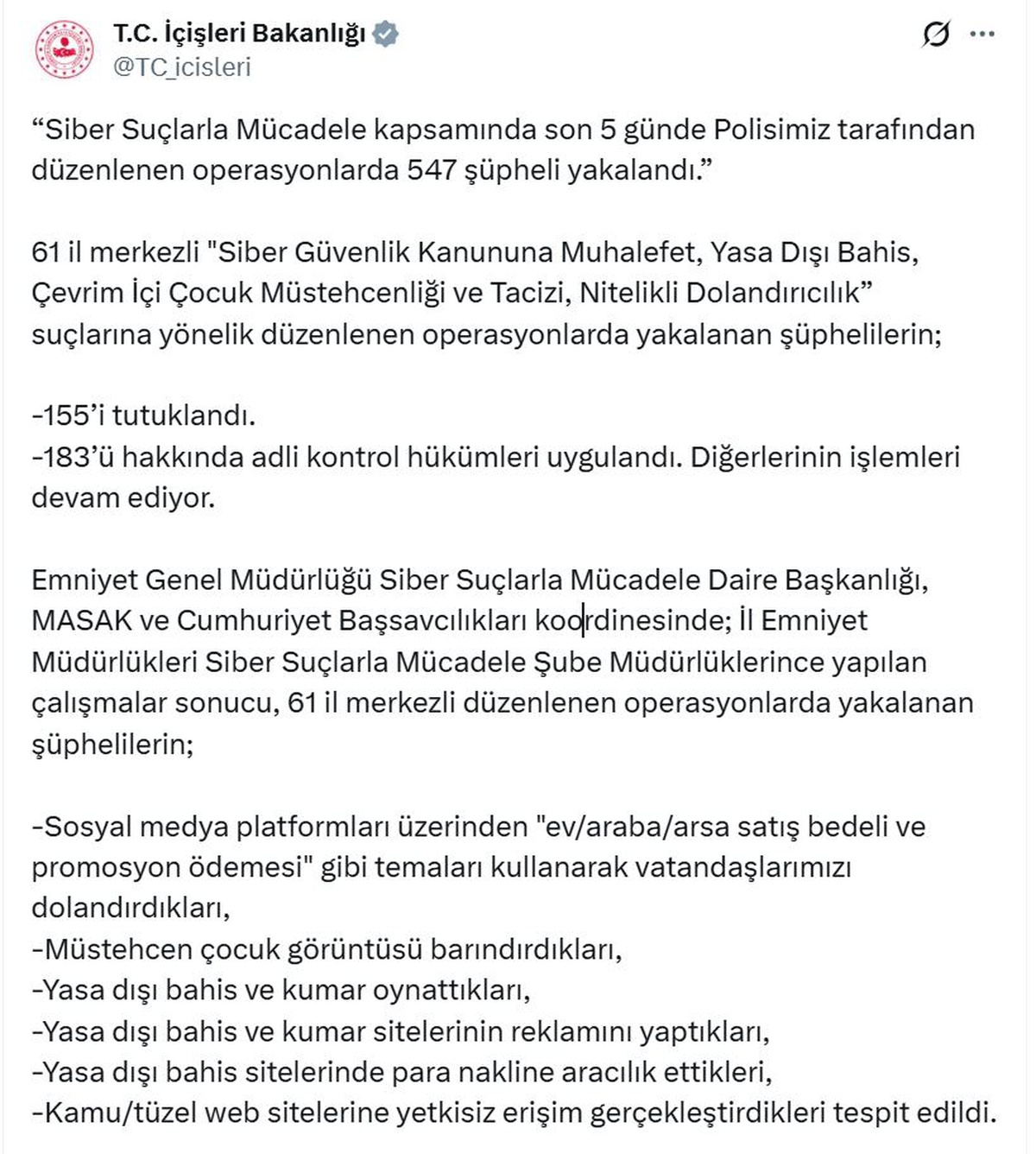 61 ilde son 5 günde siber suç operasyonunda 547 şüpheli yakalandı, 155'i tutuklandı
