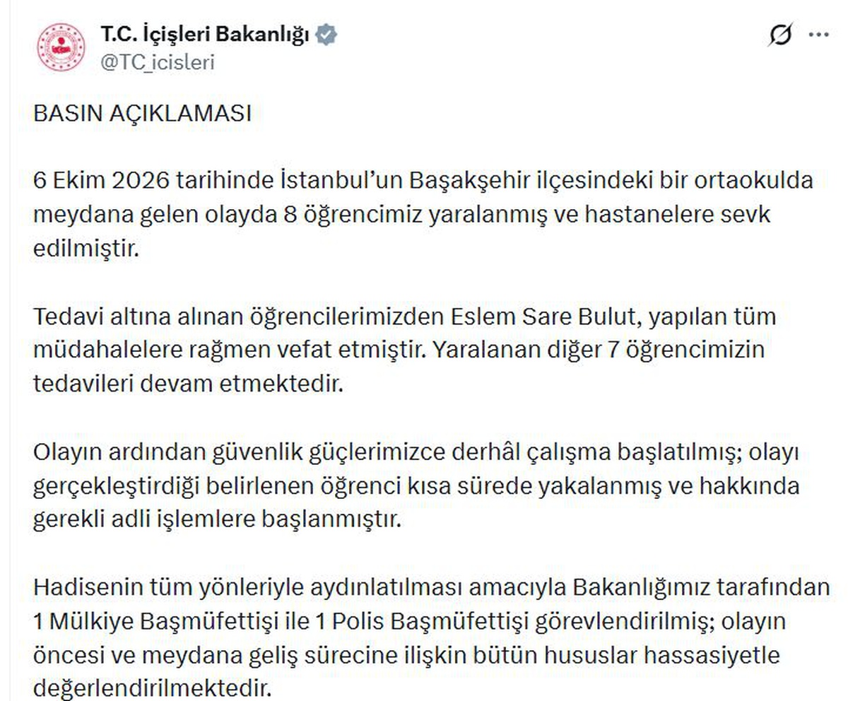 Başakşehir'de okulda yaşanan olayda 8 öğrenci yaralandı, 1 öğrenci vefat etti