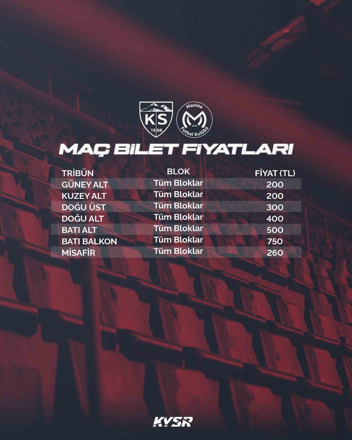 Kayserispor-Manisa FK maçının bilet fiyatları açıklandı, satış bugün başlıyor