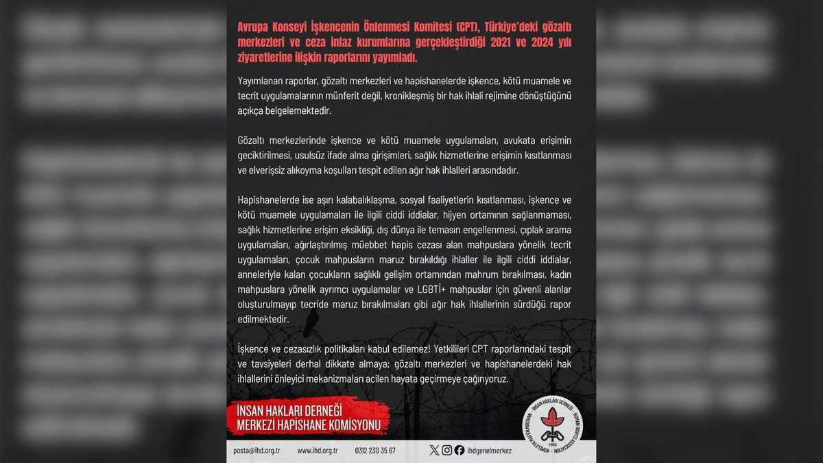 İHD Hapishane Komisyonu, CPT raporlarındaki ihlaller için yetkililere acil çağrı yaptı