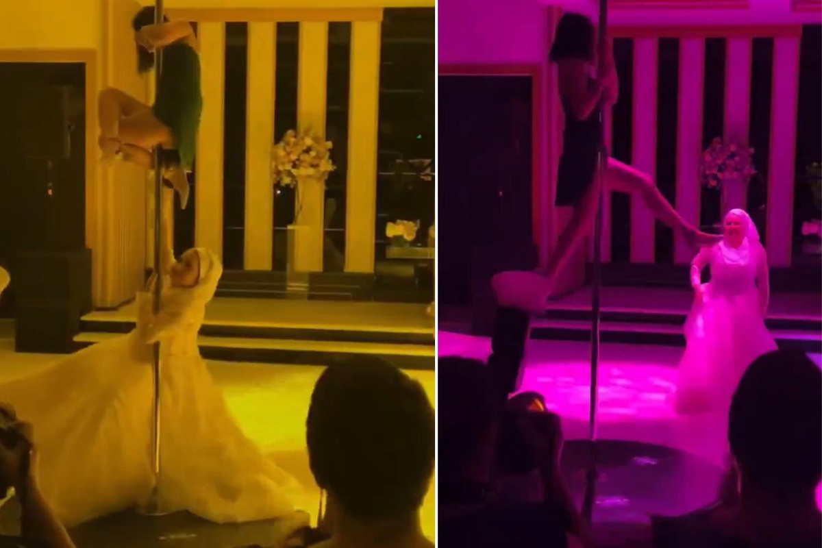Tartışma yaratan görüntü! Tesettürlü gelin, direk dansı yapan dansçıya eşlik etti