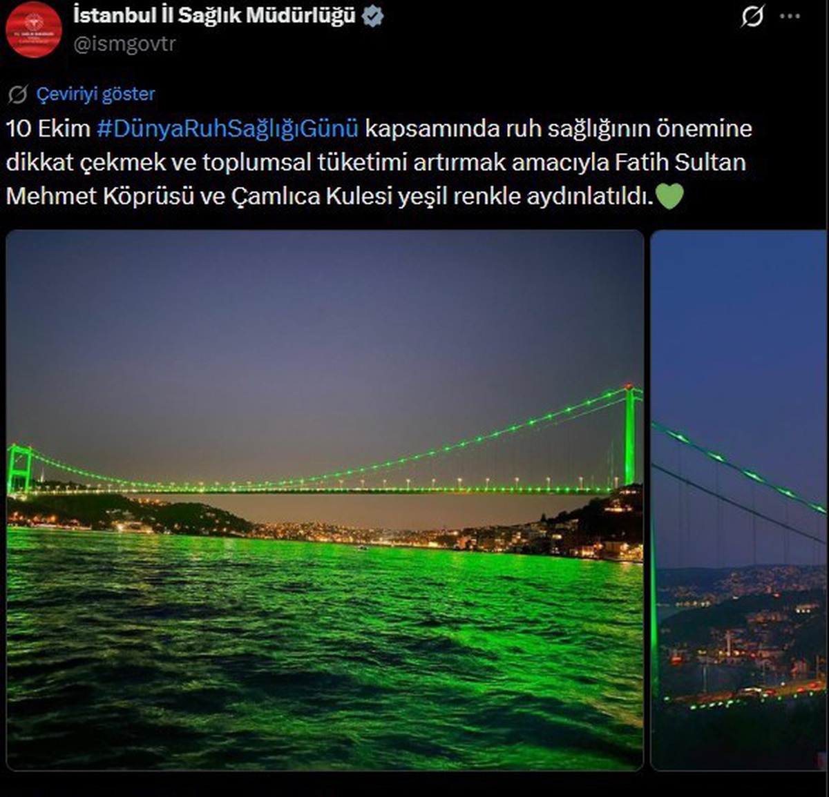 İstanbul İl Sağlık Müdürlüğü, iki simgeyi ruh sağlığı için yeşile büründürdü