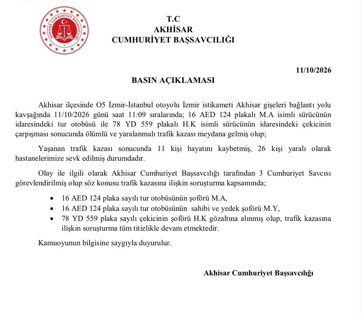 Manisa Akhisar'da tur otobüsü kazasında 11 kişi öldü, 3 şüpheli gözaltına alındı