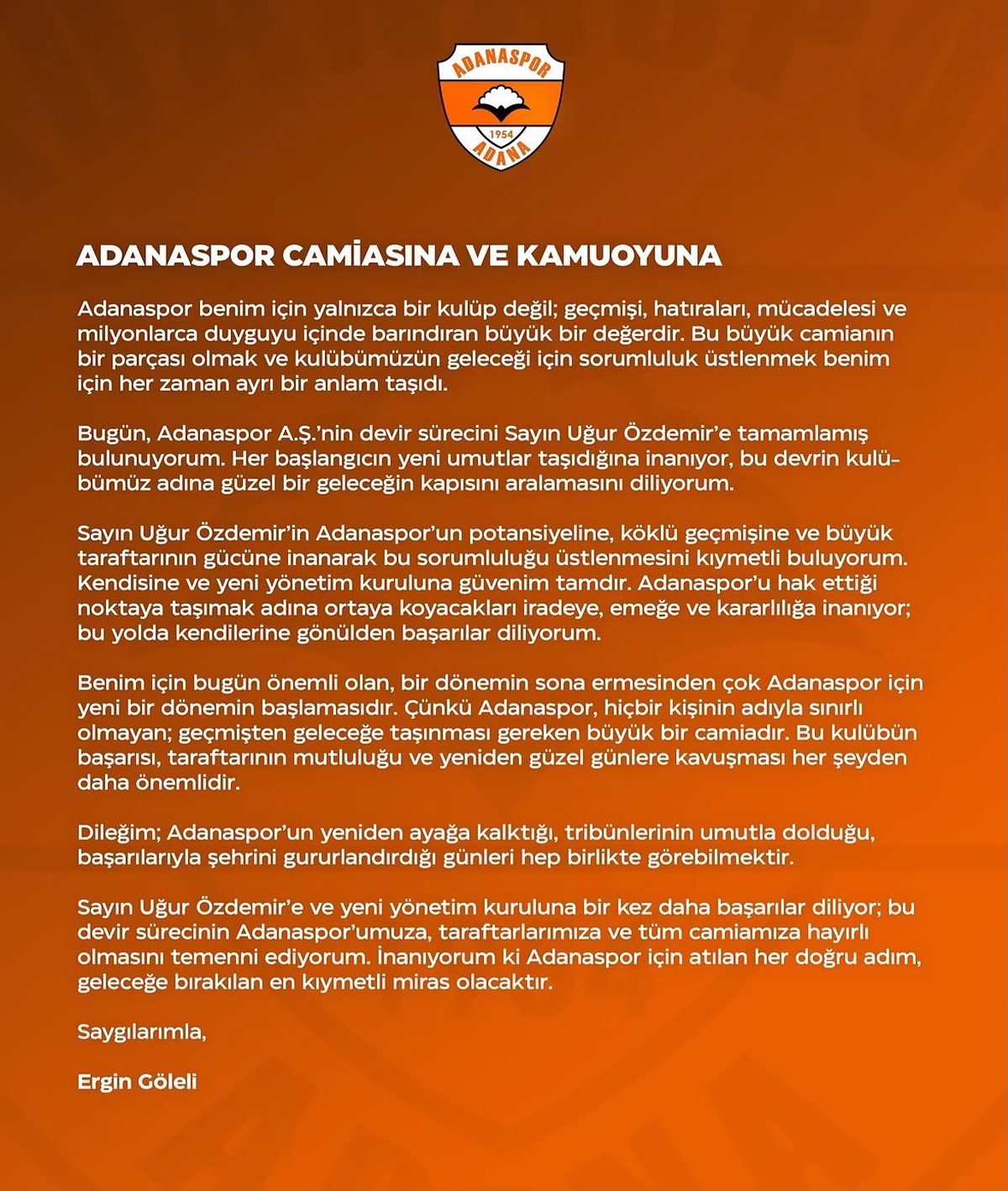 Adanaspor Uğur Özdemir'e devredildi, Başkan Göleli devri duyurdu