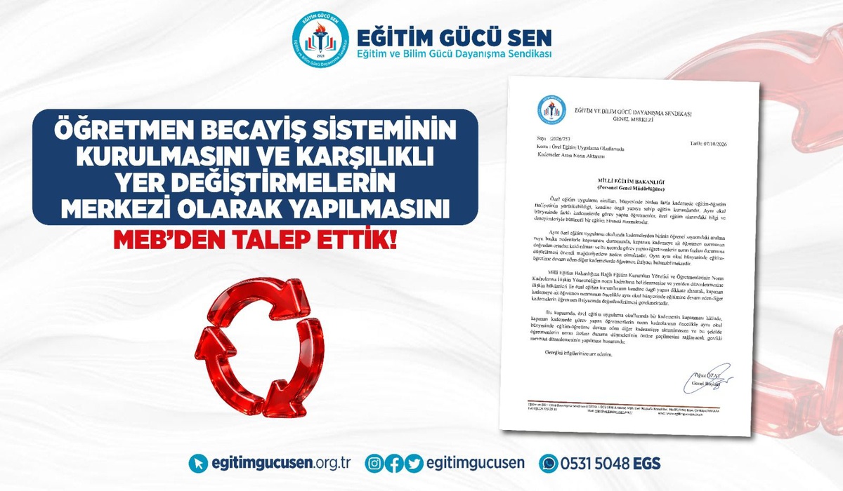 Eğitim Gücü Sen, öğretmen becayişi için MEB'den merkezi sistem kurulmasını istedi
