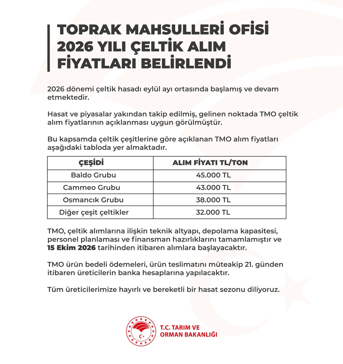 TMO baldo çeltiğin tonunu 45 bin, Cammeo grubunu 43 bin liradan alacak