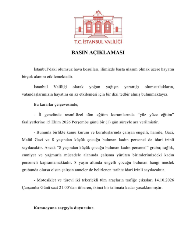 İstanbul Valiliği, olumsuz hava koşulları nedeniyle eğitime 1 gün ara verildiğini duyurdu