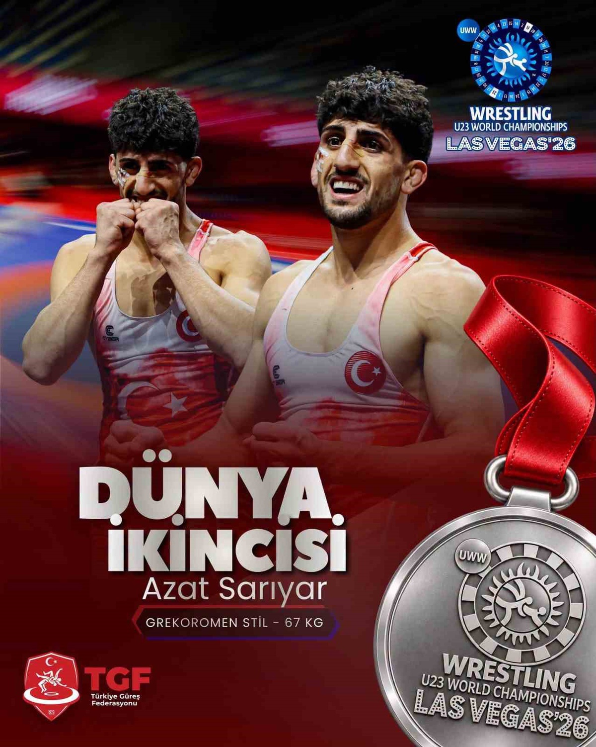 Kayserili güreşçi Azat Sarıyar, U23 Dünya Güreş Şampiyonası'nda gümüş madalya kazandı