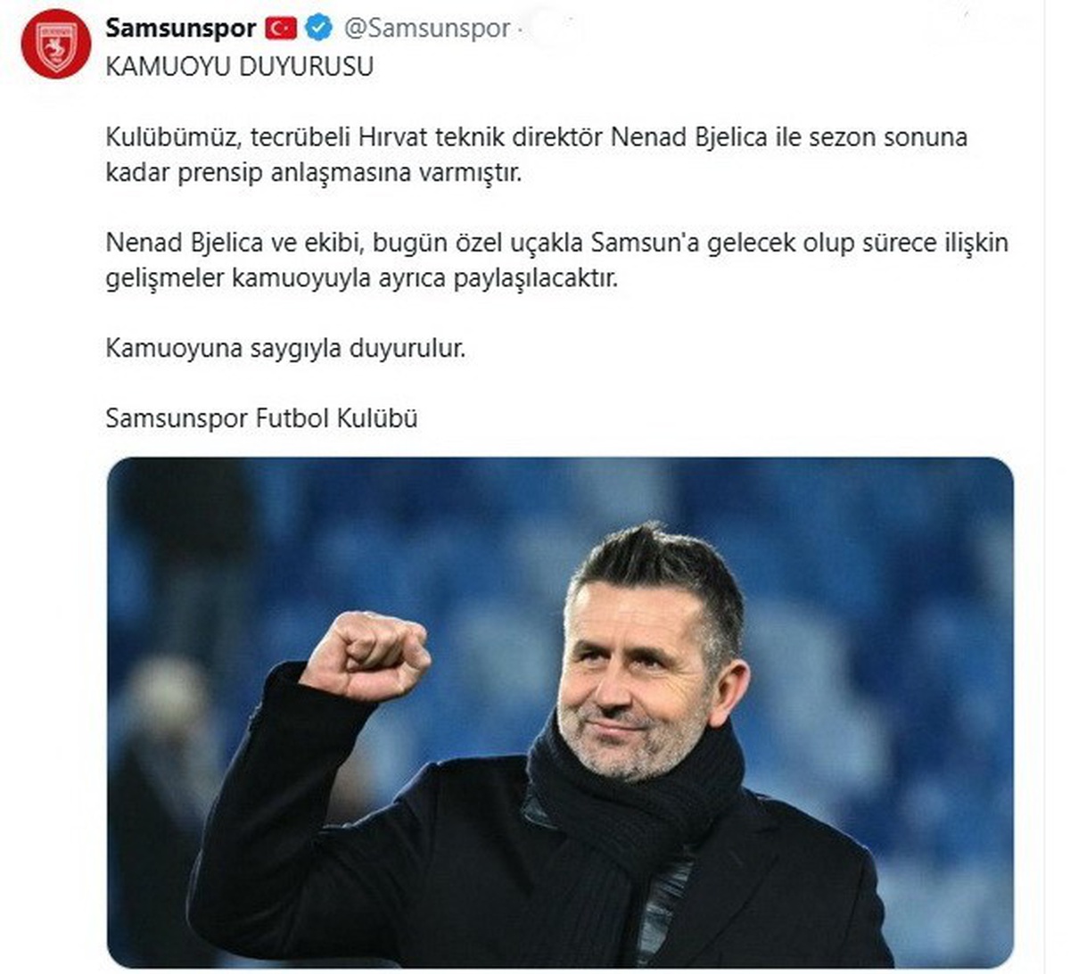 Samsunspor, Bjelica ile sezon sonuna kadar prensip anlaşması yaptığını açıkladı