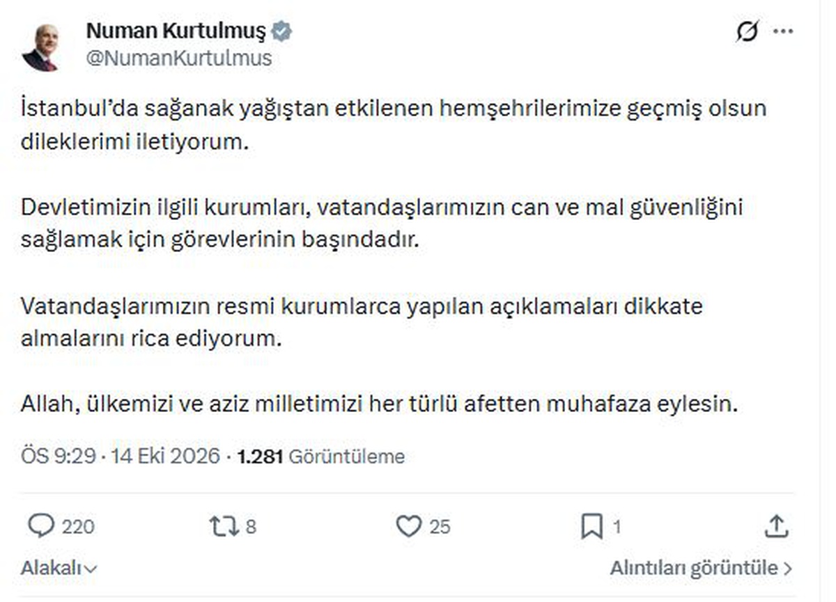 TBMM Başkanı Kurtulmuş, İstanbul'da sağanaktan etkilenenlere geçmiş olsun diledi