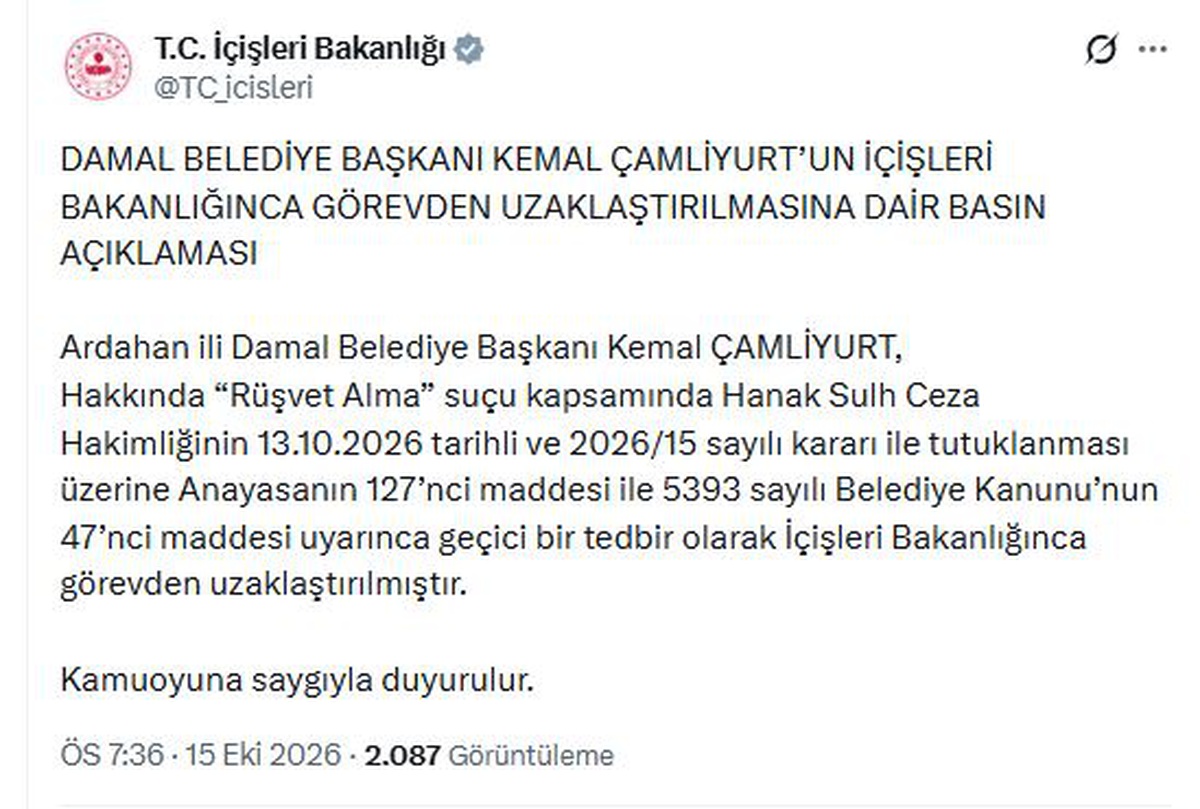 Ardahan Damal Belediye Başkanı Çamliyurt rüşvetten tutuklanıp görevden uzaklaştırıldı