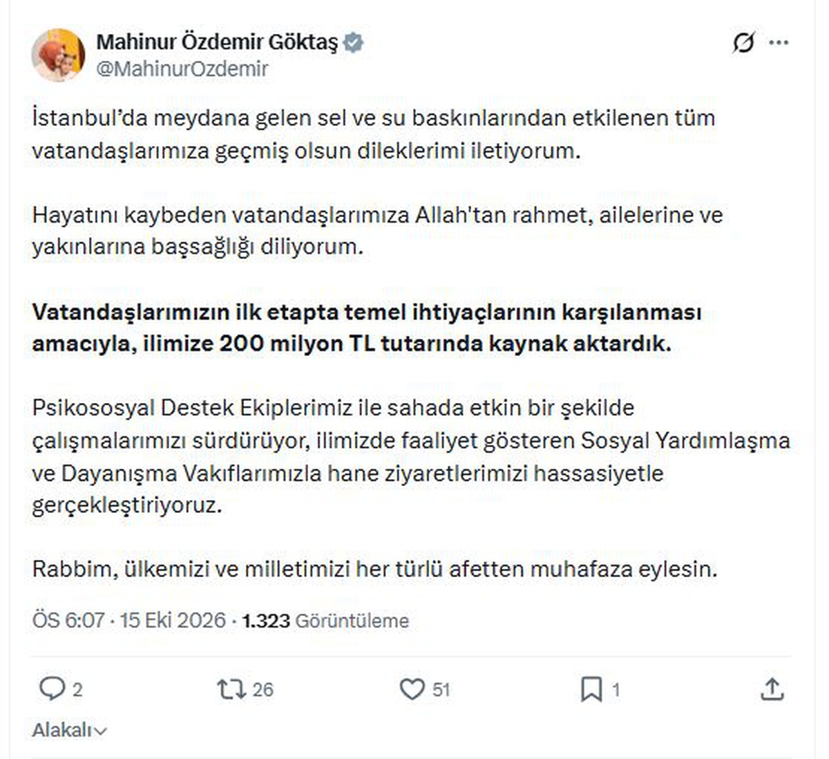 Bakan Göktaş, İstanbul'daki sel için 200 milyon TL kaynak aktarıldığını açıkladı