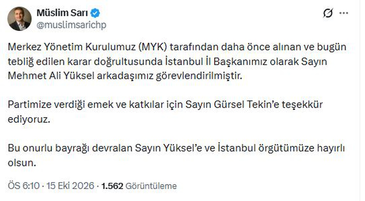CHP Sözcüsü Sarı, Mehmet Ali Yüksel'in CHP İstanbul İl Başkanı olduğunu açıkladı