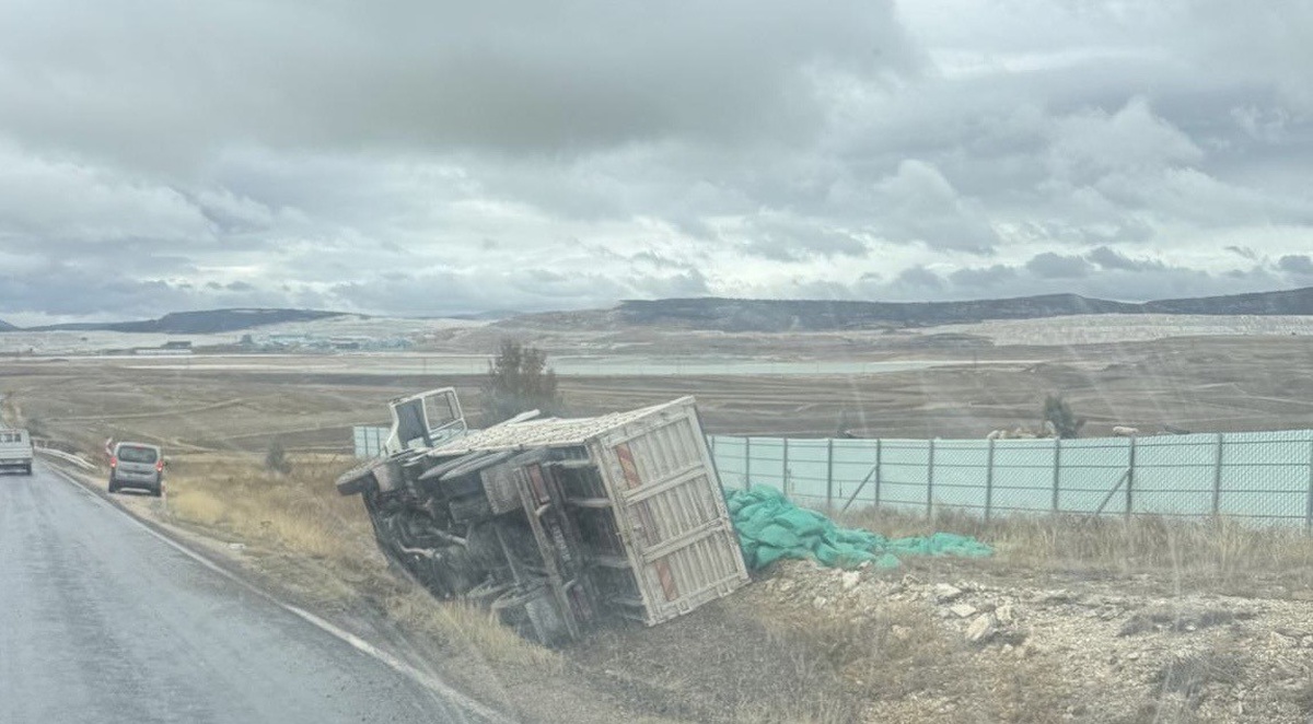 Eskişehir'de kaygan zeminde şarampole devrilen kamyondaki çuvallar saçıldı.