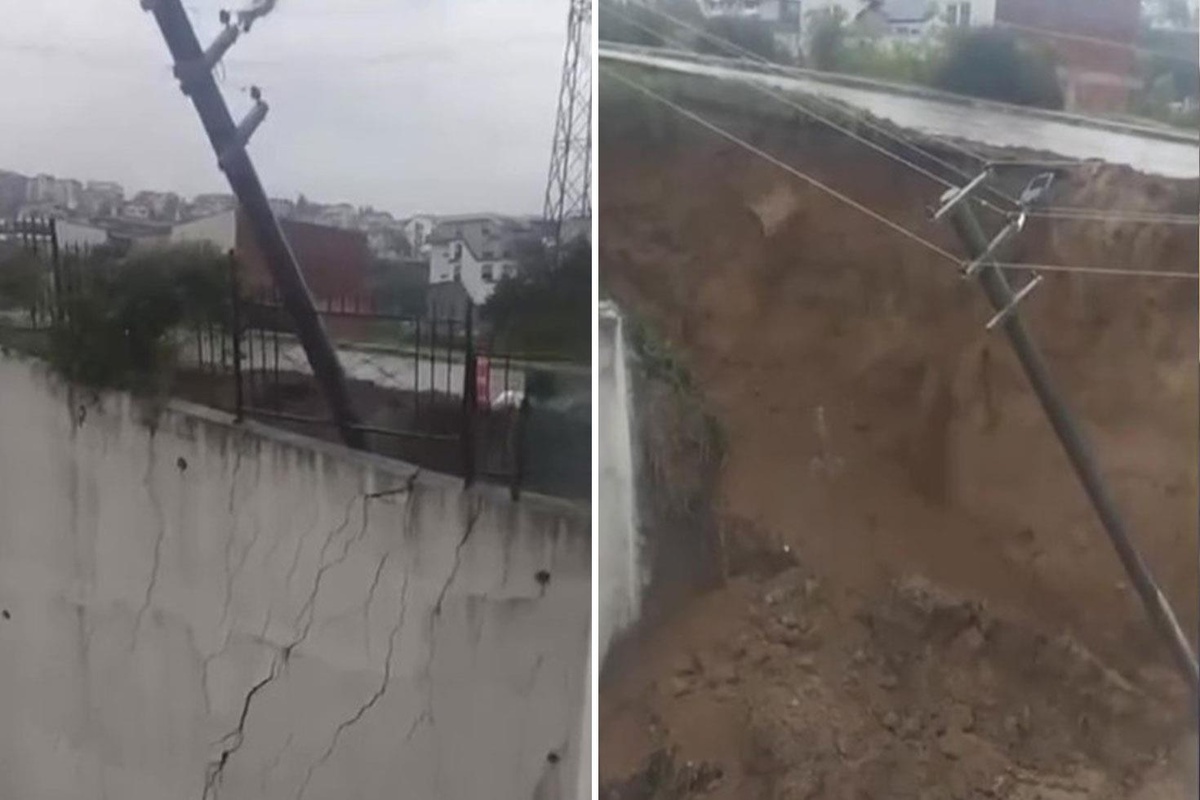 Kocaeli Gölcük'te sağanak sonrası istinat duvarı çöktü, elektrik direği yan yattı
