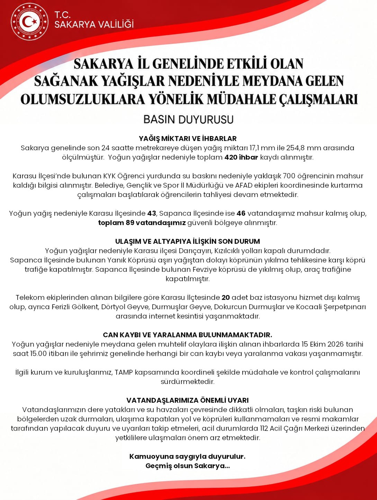 Sakarya'da sağanak bilançosu açıklandı, Karasu'da 700 öğrencinin tahliyesi sürüyor