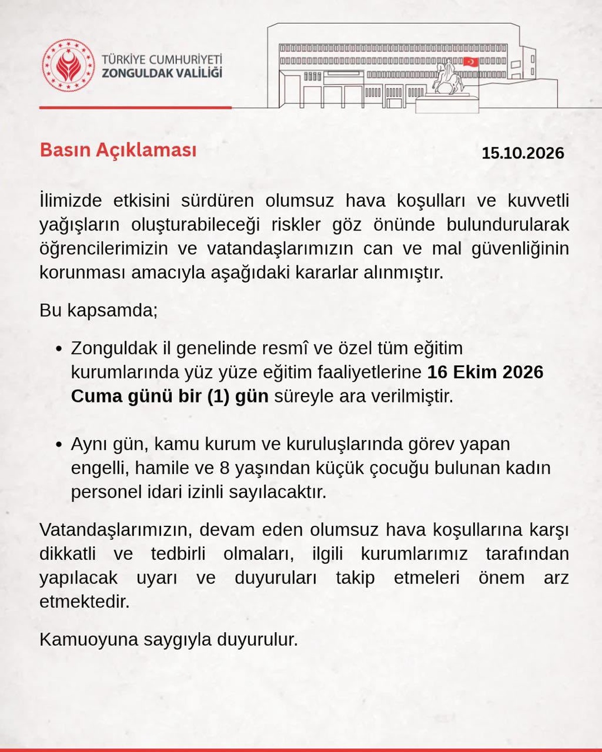 Zonguldak'ta 16 Ekim Cuma yüz yüze eğitime ara verildi, bazı personel izinli olacak