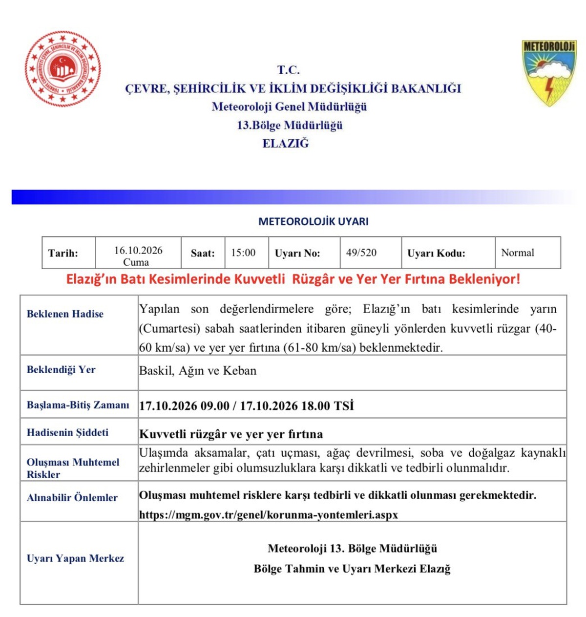 Meteoroloji, Elazığ'ın batı kesimlerinde Cumartesi kuvvetli rüzgar ve fırtına bekliyor