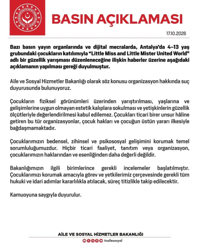 Aile ve Sosyal Hizmetler Bakanlığı, çocuk güzellik yarışması organizasyonuna suç duyurusunda bulundu