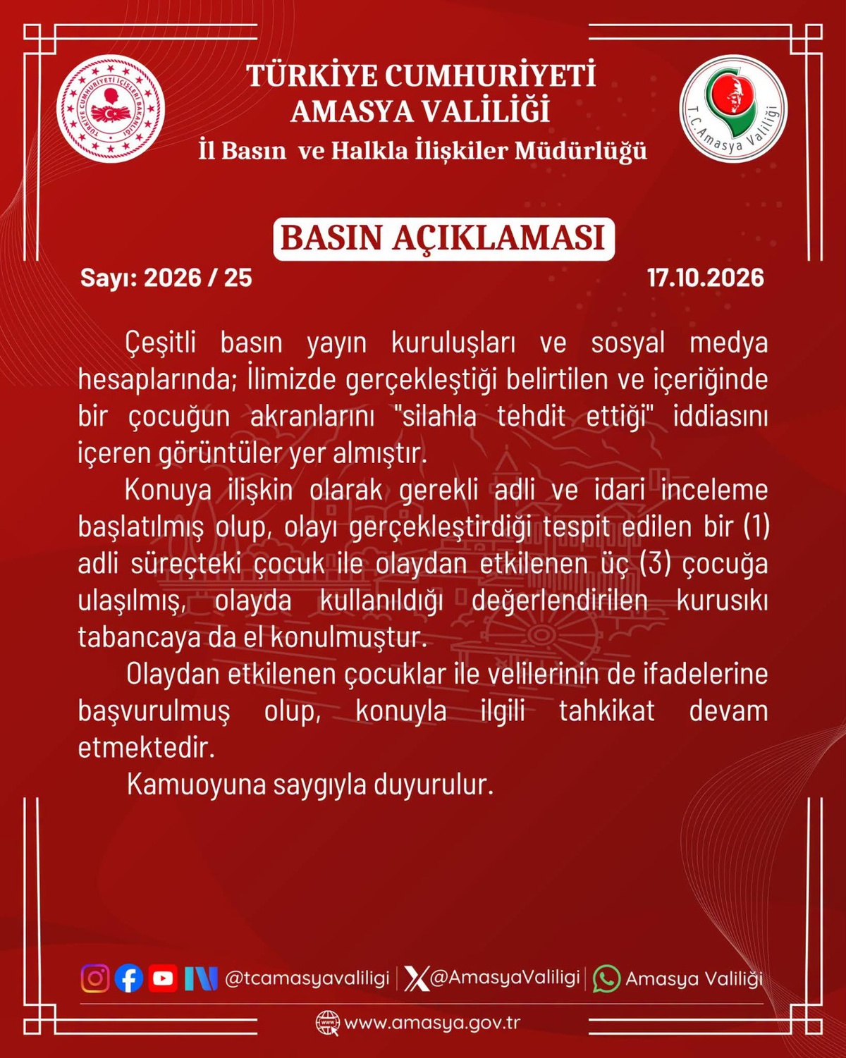 Amasya Valiliği, 3 çocuğun etkilendiği kurusıkı tabanca tehdidi iddiasını inceliyor