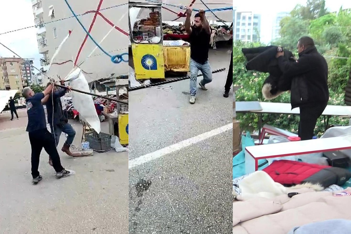 Antalya'da semt pazarını vuran ani fırtına: Tenteler yere serildi, esnaf zor anlar yaşadı