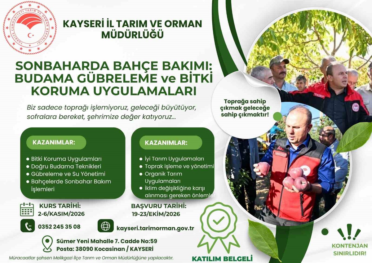 Kayseri İl Tarım ve Orman Müdürlüğü bahçe bakımı eğitimini 2-6 Kasım'da düzenliyor