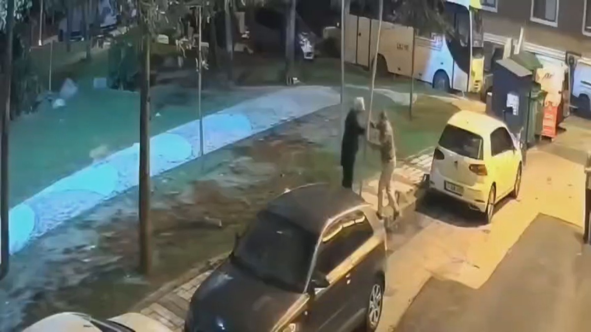 Sultangazi'de çift, yaya geçidi levhasını söktü, o anlar güvenlik kamerasına yansıdı