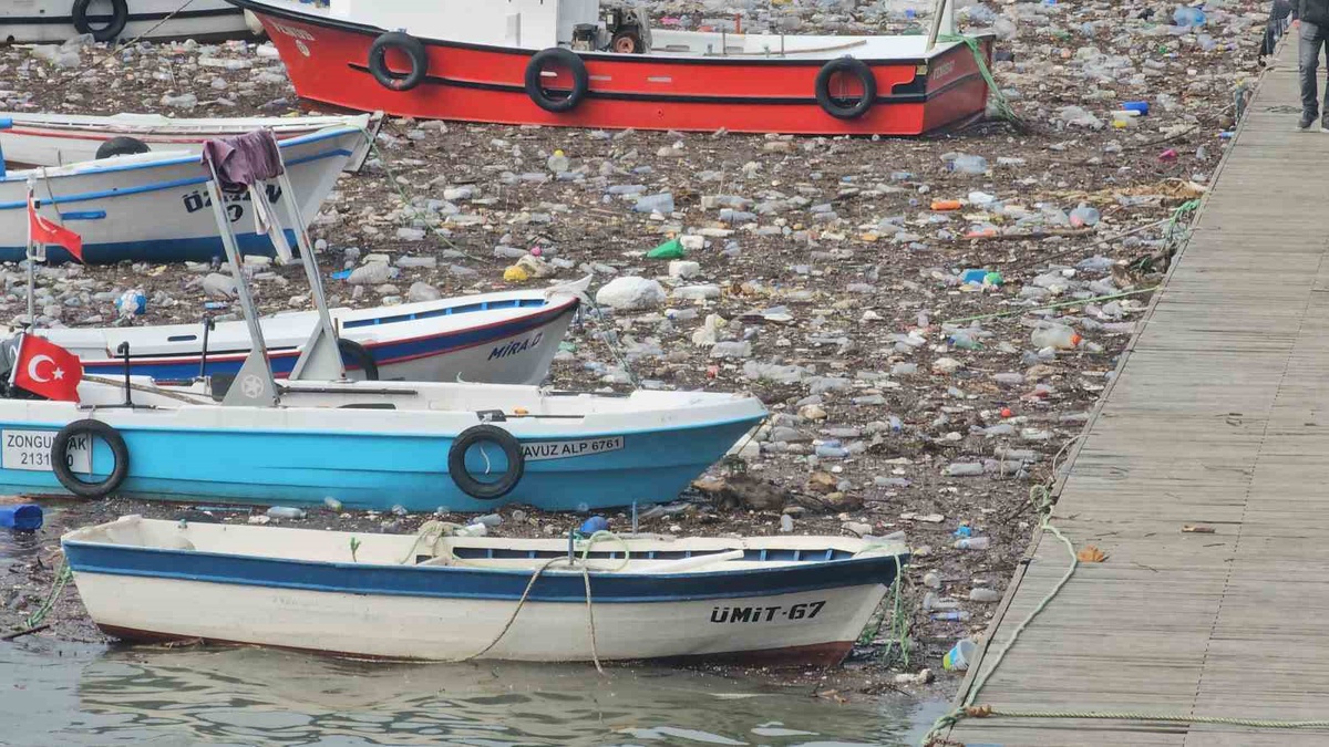 Zonguldak Limanı'nda derelerin taşıdığı atıklar balıkçı teknelerini sardı