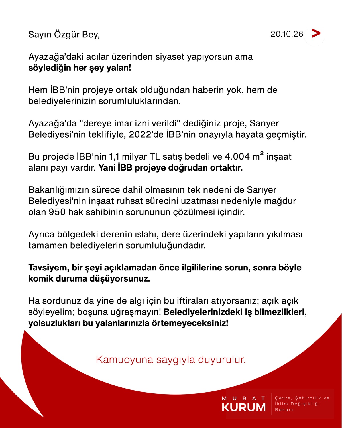 Bakan Kurum, Ayazağa projesinde İBB'nin 1,1 milyar TL satış bedeli olduğunu savundu