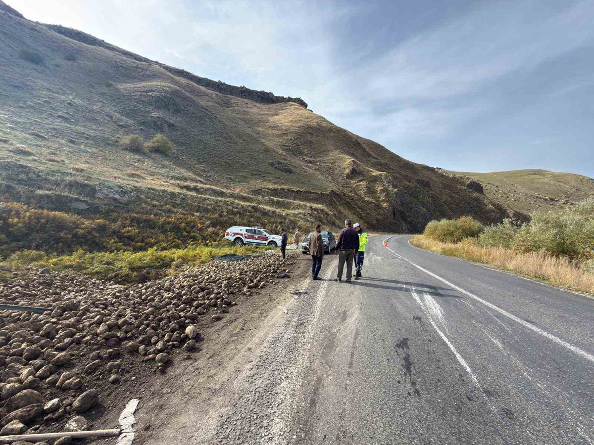 Ağrı Patnos-Tutak karayolunda pancar yüklü tır şarampole yuvarlandı, sürücü yaralandı