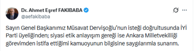 Ahmet Eşref Fakıbaba, İYİ Parti’den ve milletvekilliğinden istifa etti