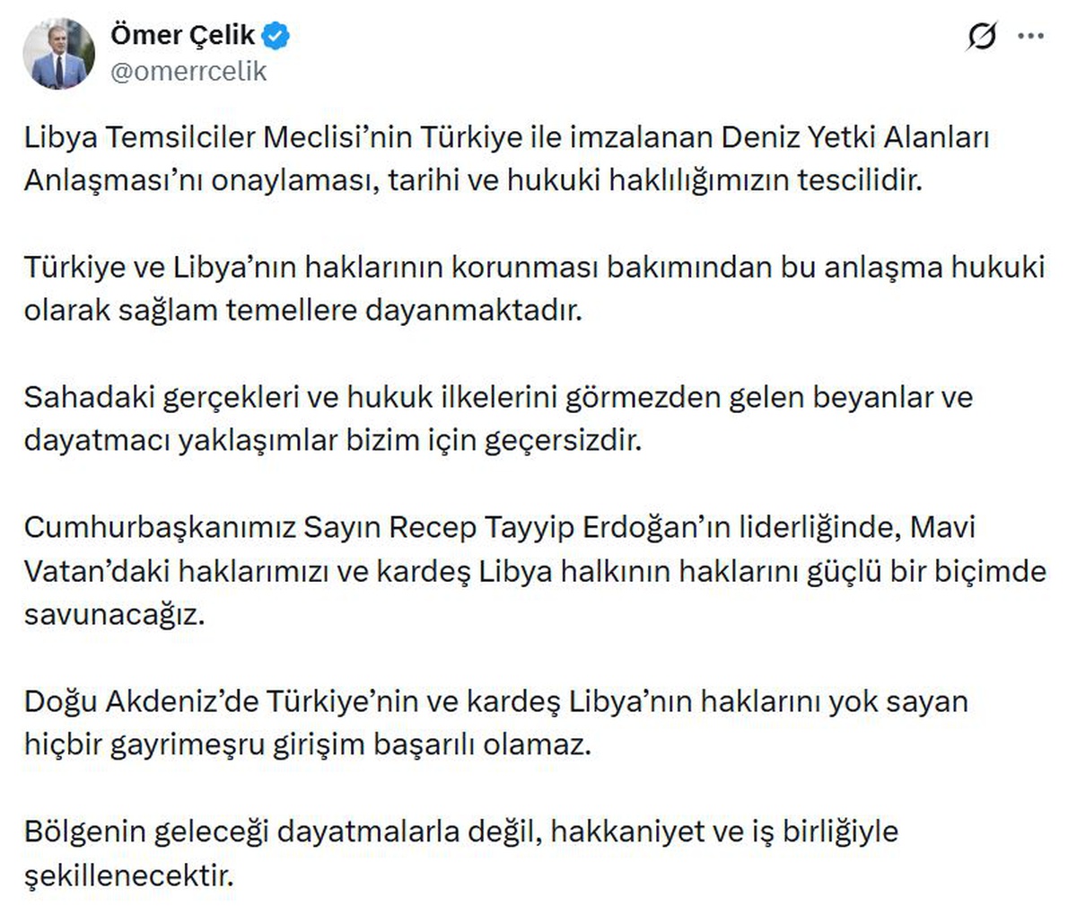 AK Parti'li Çelik: Deniz Yetki Alanları Anlaşması'nın onaylanması, tarihi ve hukuki haklılığımızın tescilidir