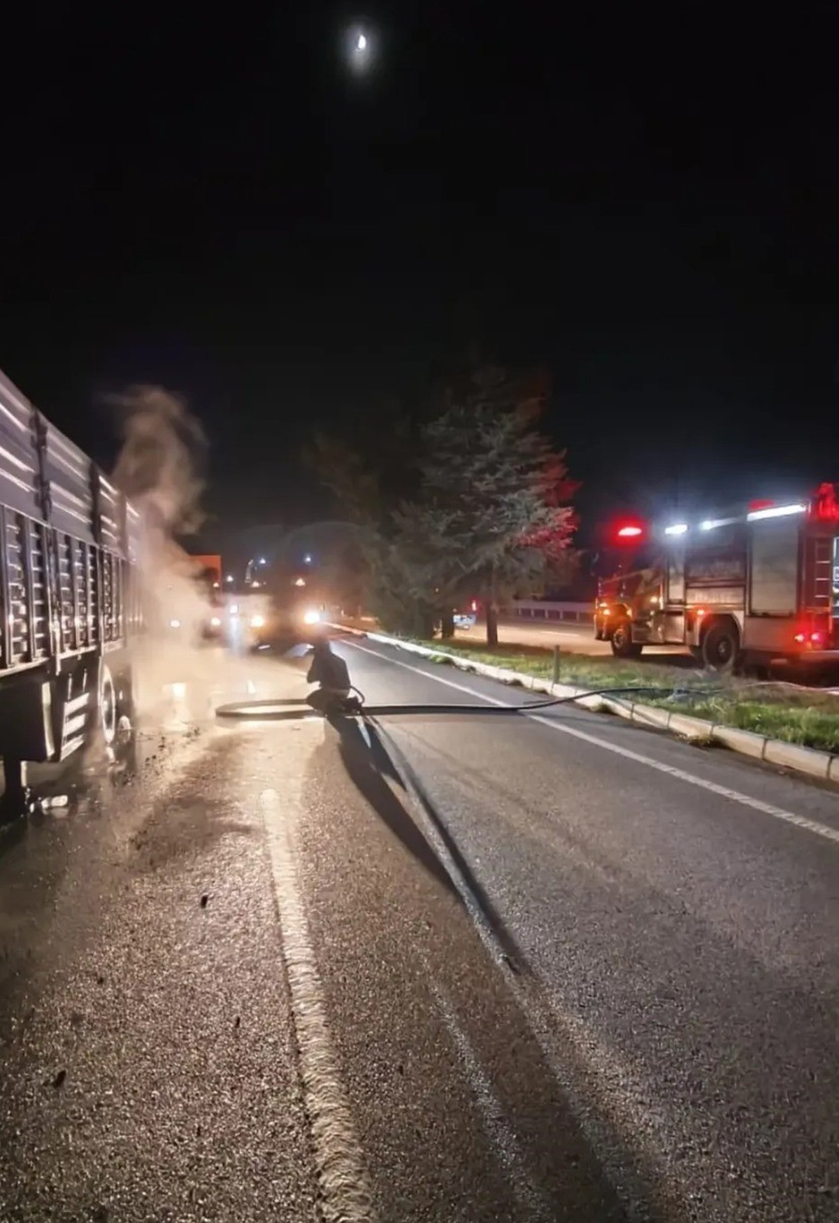 Denizli Acıpayam'da seyir halindeki tırın dorsesinde yangın çıktı