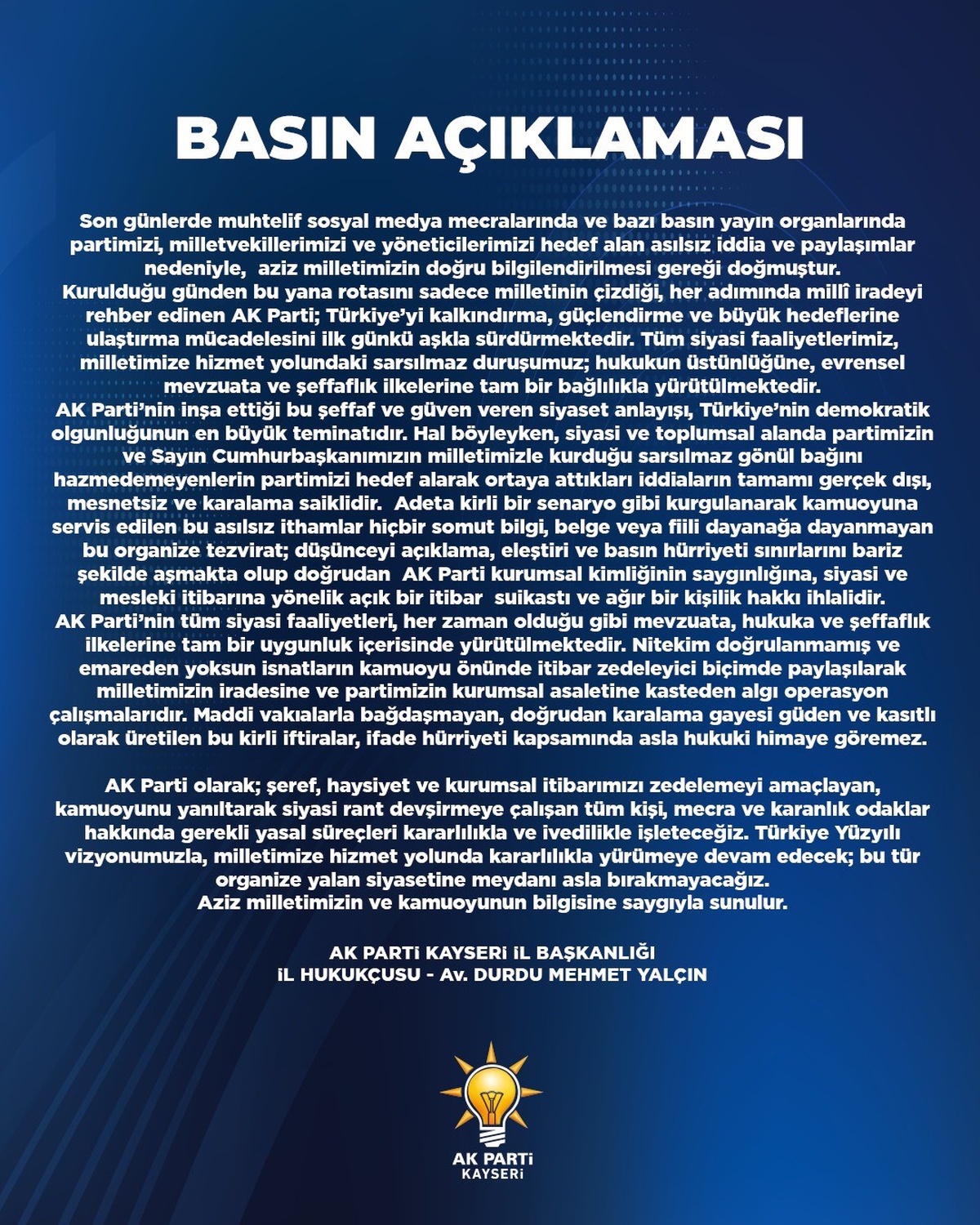 AK Parti Kayseri, asılsız sosyal medya iddialarına yasal süreç işletecek