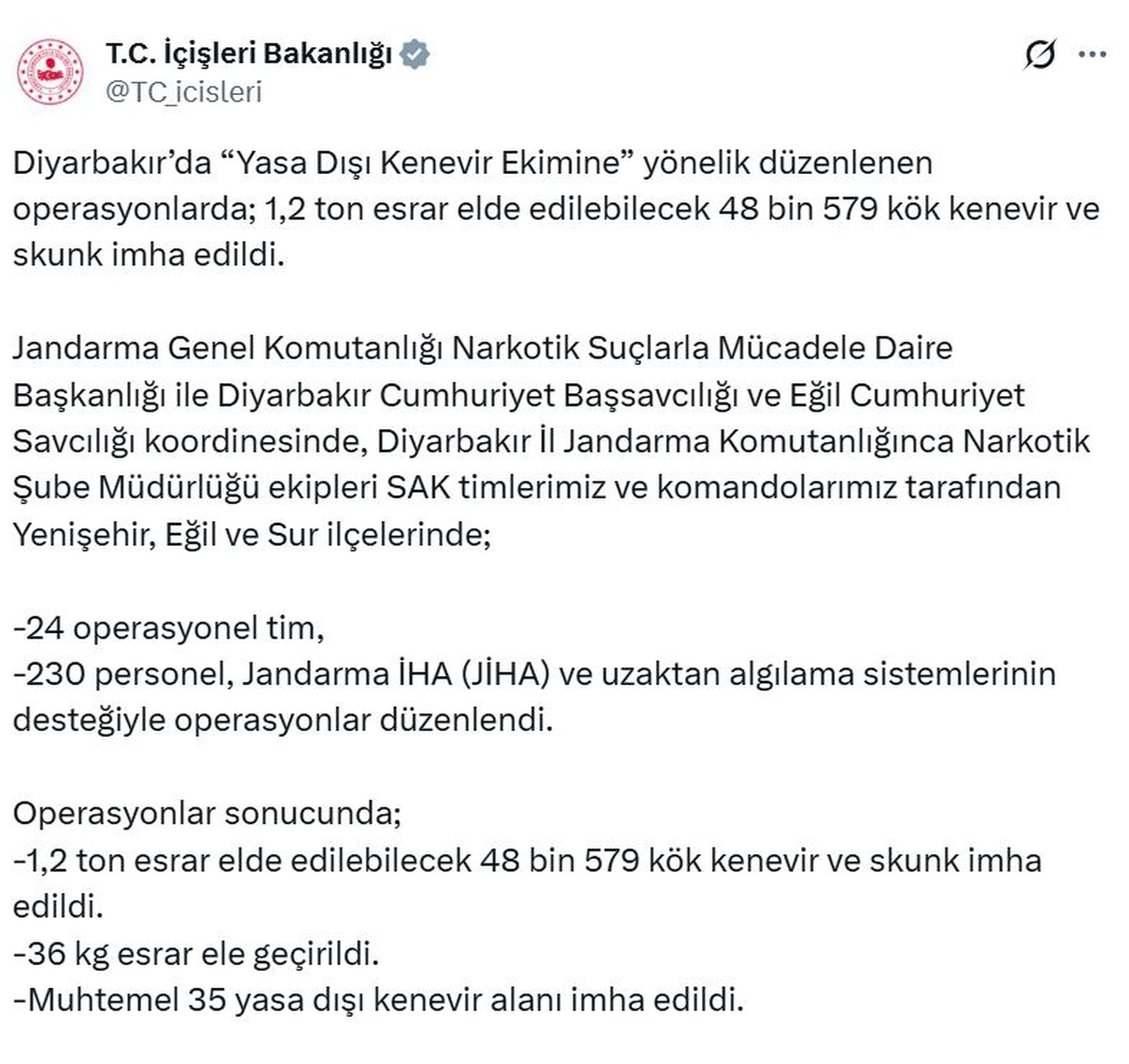 Diyarbakır'da 35 yasa dışı kenevir alanı imha edildi, 48 bin 579 kök yok edildi