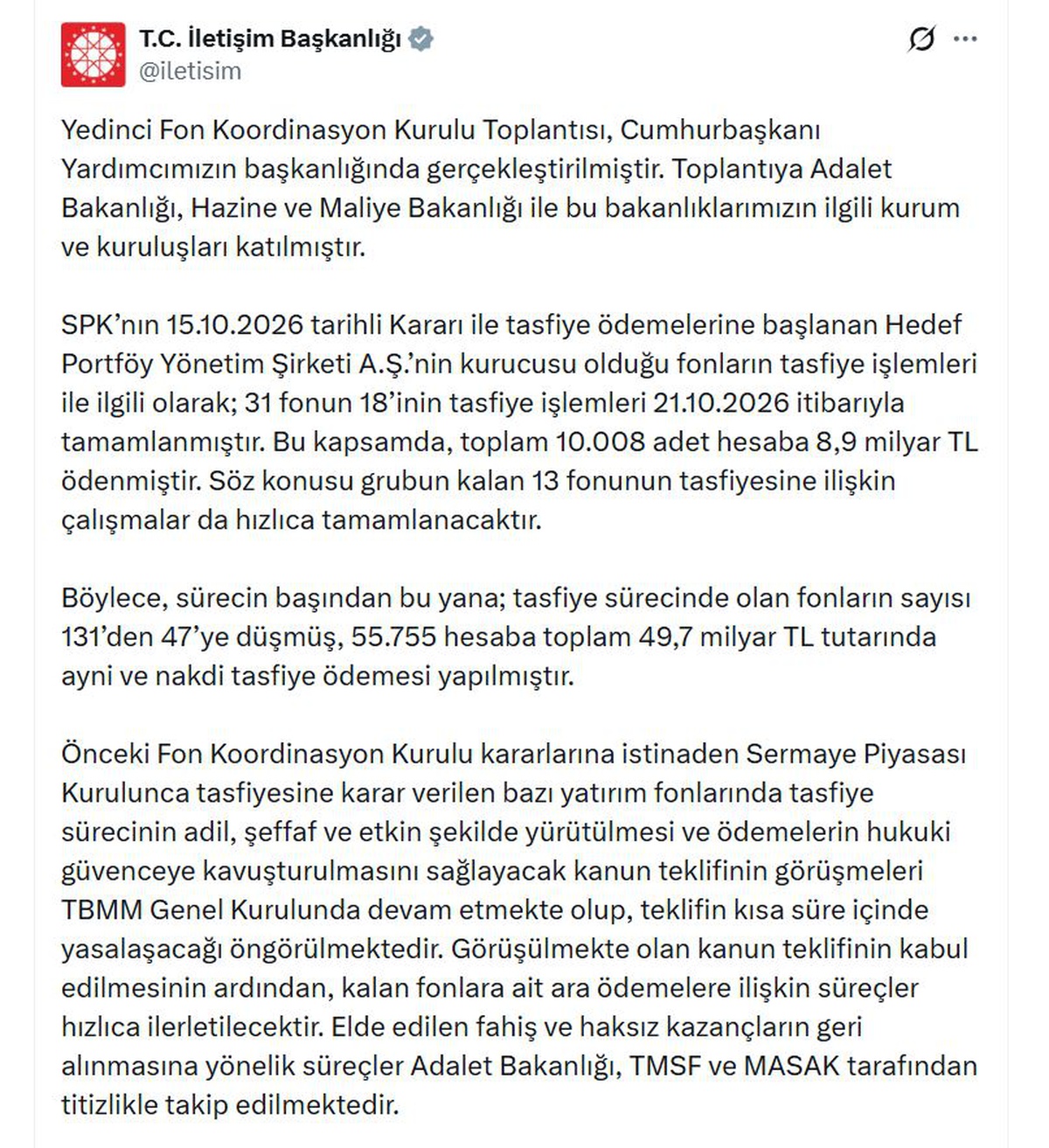Fon Kurulu toplantısında 55 bin 755 hesaba 49,7 milyar TL tasfiye ödemesi yapıldı