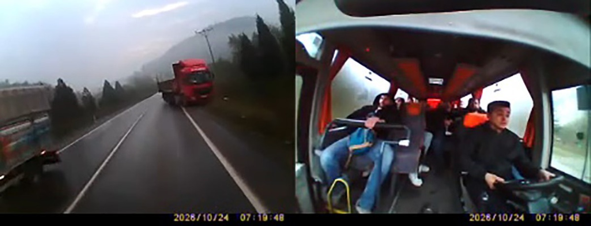 Karabük'te hatalı sollayan tır, 24 kişilik işçi servisine tehlike yaşattı