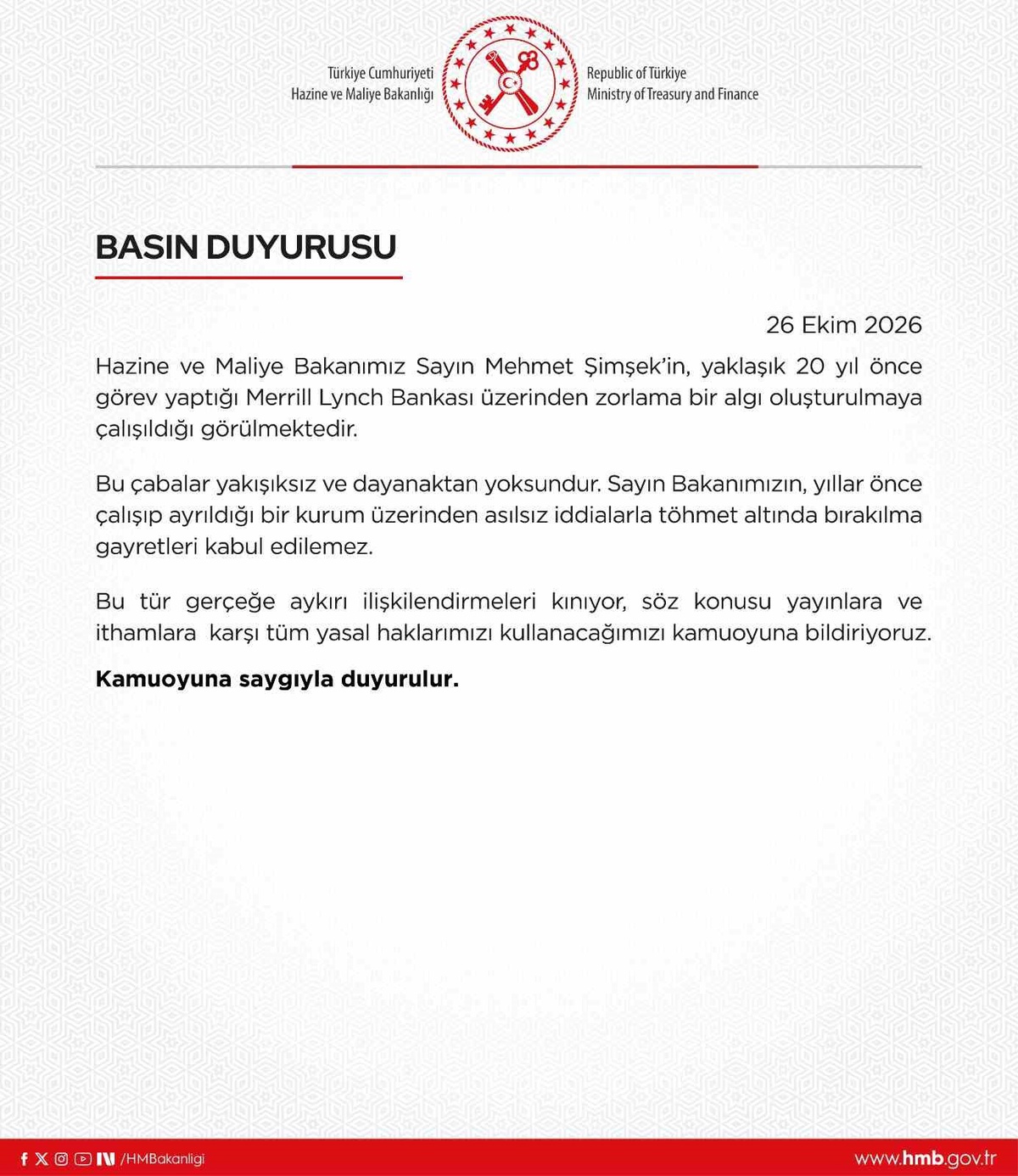 Hazine ve Maliye Bakanlığı, Şimşek'e yönelik iddialara karşı yasal yola başvuracak