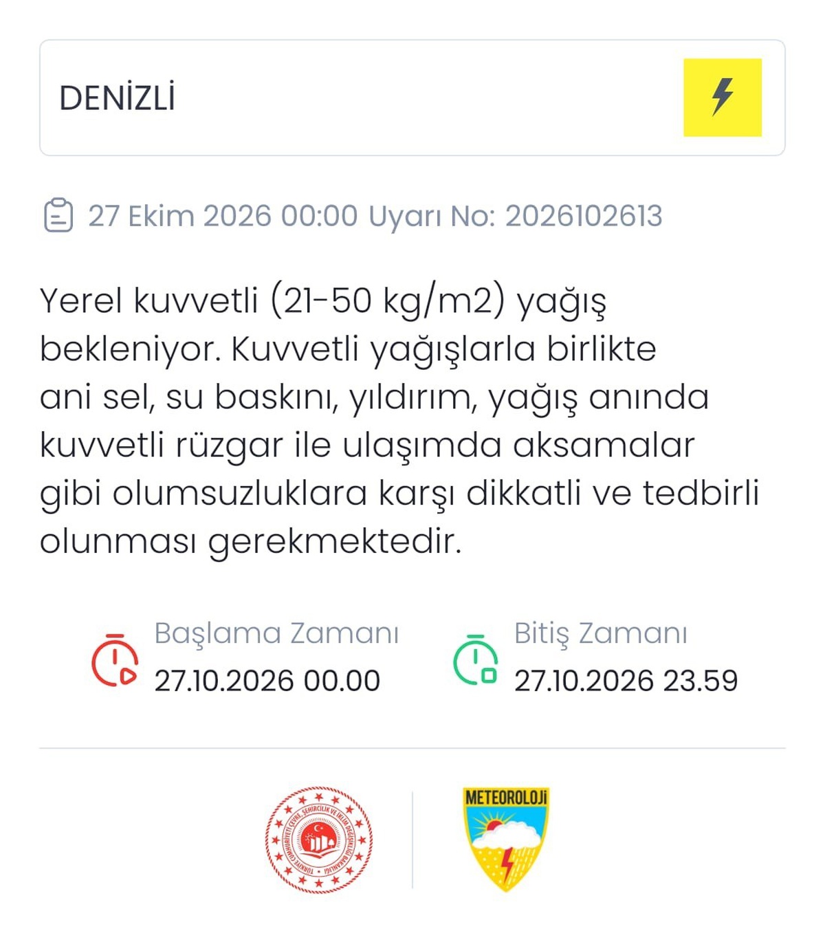 Meteoroloji Denizli'de 27 Ekim'de kuvvetli yağış için uyardı