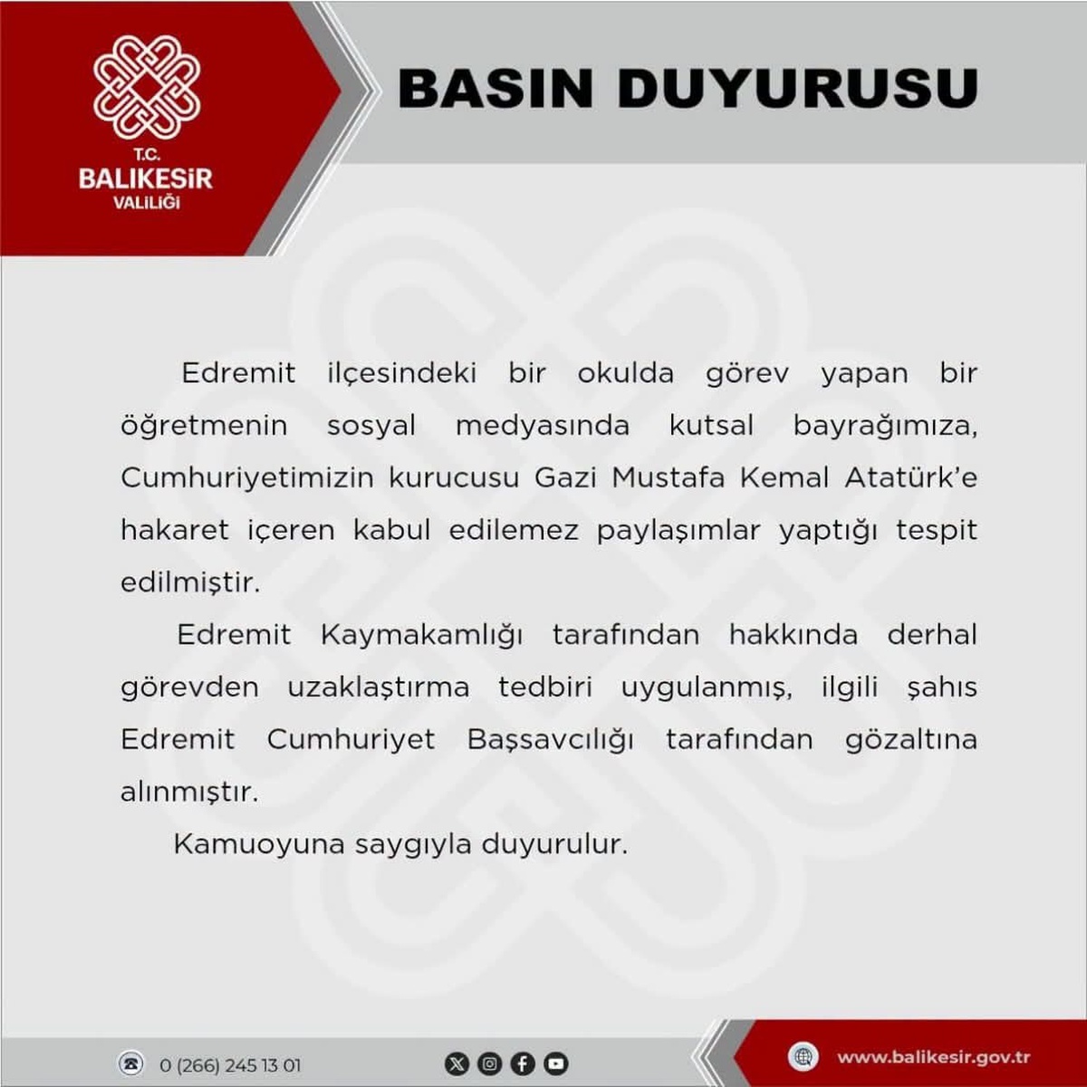 Balıkesir Edremit'te öğretmen Türk bayrağına ve Atatürk'e hakaretten gözaltına alındı