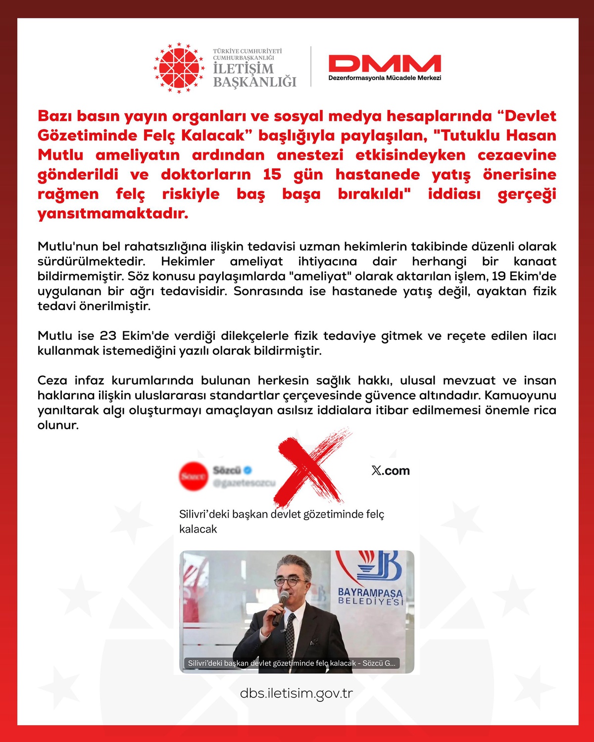 DMM, Hasan Mutlu'nun ameliyat iddiasını yalanladı, işlem ağrı tedavisiydi
