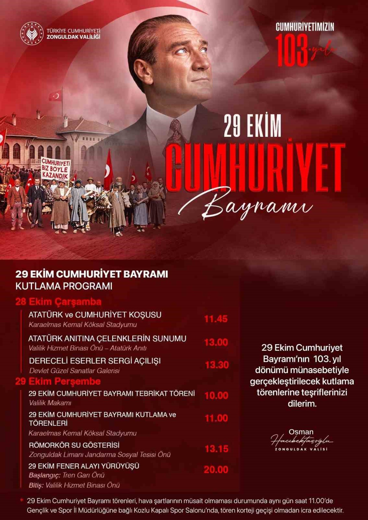 Zonguldak'ta Cumhuriyet'in 103. yıl dönümü kutlamaları 28 Ekim'de başlayacak