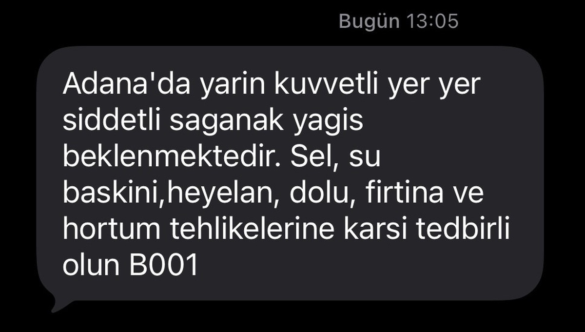 AFAD, Adana'da yarın beklenen şiddetli sağanak için SMS ile uyardı