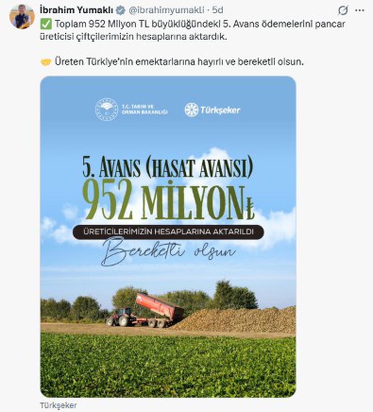 Bakan Yumaklı pancar üreticilerine 952 milyon lira avans ödemesi yapıldığını açıkladı