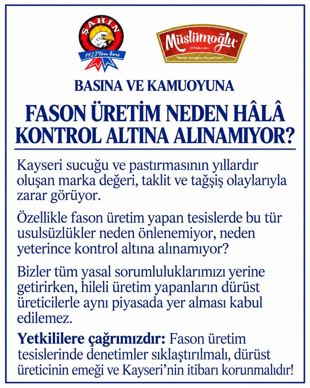 Kayseri'deki 2 sucuk firması fason üretimde denetim sıklaştırılmasını istedi
