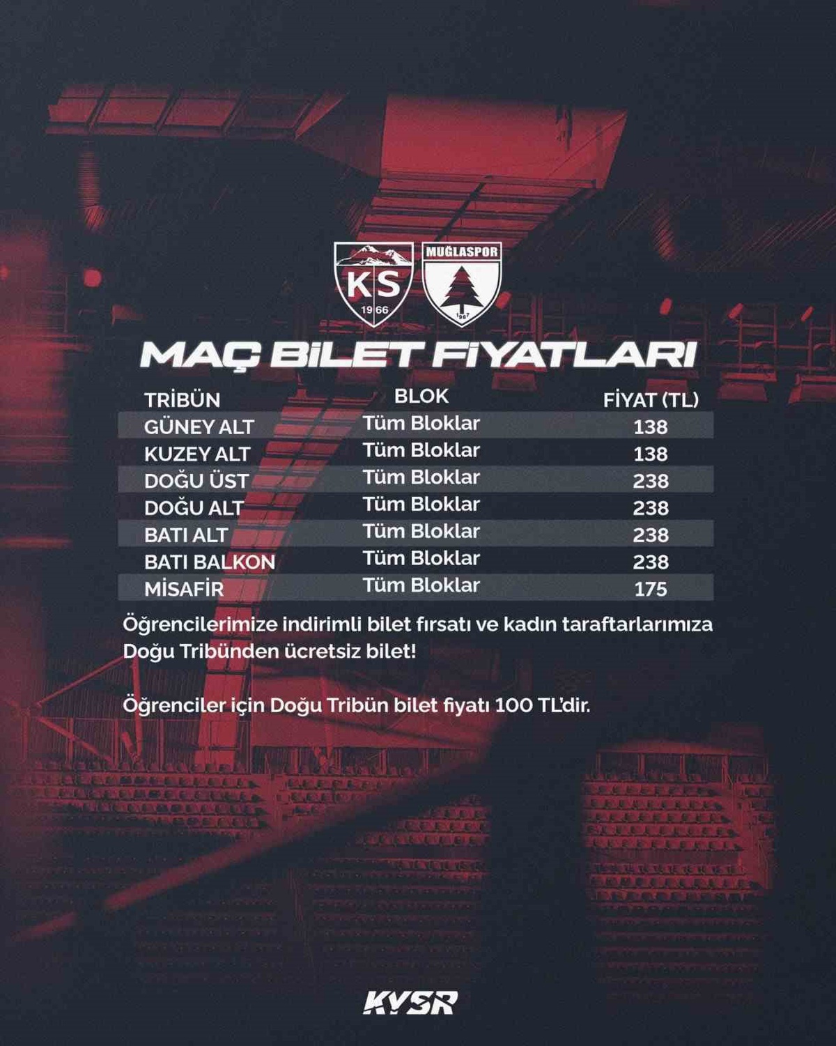 Kayserispor-Muğlaspor maç biletleri bugün 11.00'de satışa sunulacak